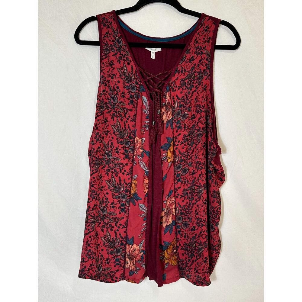 Maurices BOHO Mixed Media Sleeveless Tunic Size 3 Plus Size Front Tie Burgundy